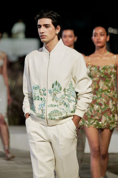 Fronde Embroidered Silk Jacket Set - Natural